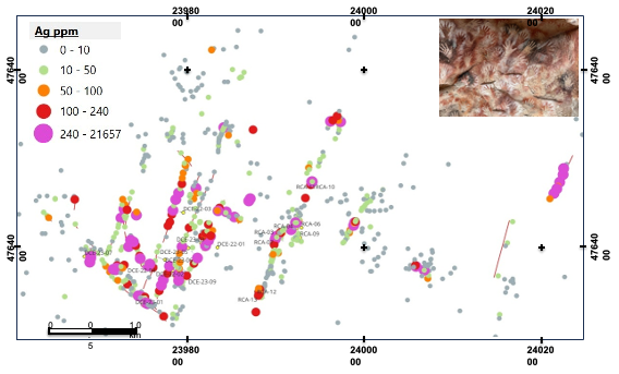 Map of Ciclón Este showing silver values in surface samples aligned along the vein trends, with drill hole traces