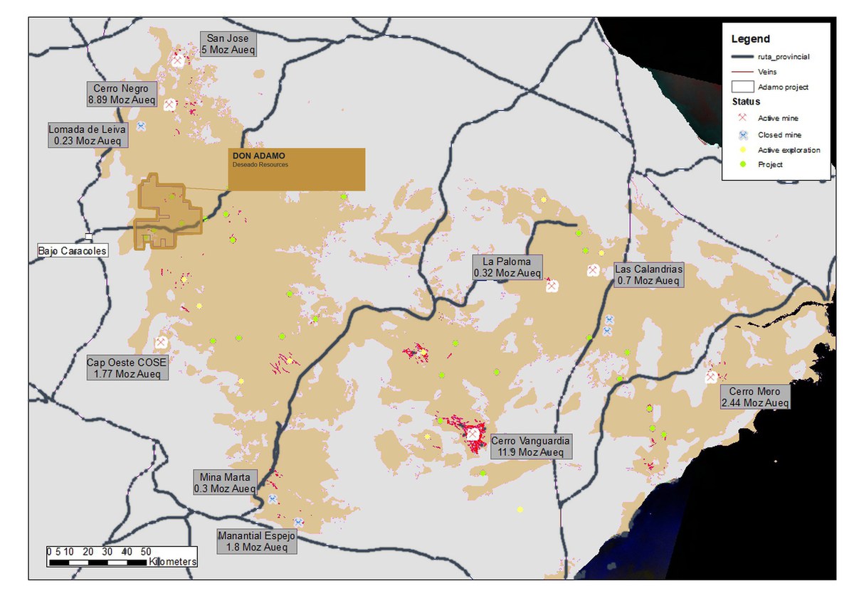 Map of the Deseado Massif district showing Don Adamo highlighted in gold next to Bajo Caracoles, the provincial route, and nearby deposits including San José, Cerro Negro, Lomada de Leiva, Cap Oeste–COSE, Cerro Vanguardia, La Paloma, Las Calandrias, Cerro Moro, Mina Marta and Manantial Espejo